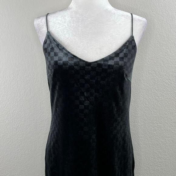 Elodie Dark Gray Pullover Velvet Checkered Spaghetti V-Neck Mini Dress Medium - Picture 4 of 13